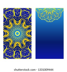 Cards Or Invitations Set With Mandala Design . The Front And Rear Side. Vector Illustration. Blue yellow color.
