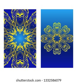 Cards Or Invitations Set With Mandala Design . The Front And Rear Side. Vector Illustration. Blue yellow color.