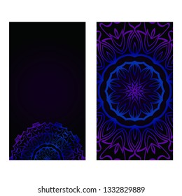 Cards Or Invitations Set With Mandala Design . The Front And Rear Side. Vector Illustration. Blue, black color.