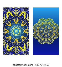 Cards Or Invitations Set With Mandala Design . The Front And Rear Side. Vector Illustration. Blue yellow color.