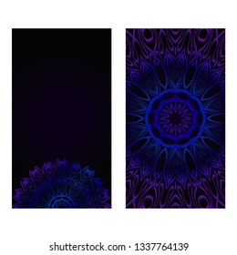 Cards Or Invitations Set With Mandala Design . The Front And Rear Side. Vector Illustration. Blue, black color.