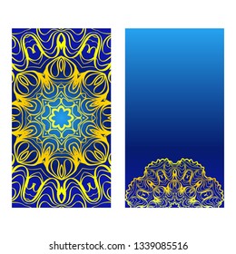 Cards Or Invitations Set With Mandala Design . The Front And Rear Side. Vector Illustration. Blue yellow color.