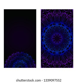 Cards Or Invitations Set With Mandala Design . The Front And Rear Side. Vector Illustration. Blue, black color.