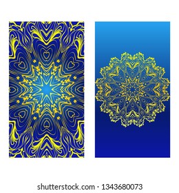Cards Or Invitations Set With Mandala Design . The Front And Rear Side. Vector Illustration. Blue yellow color.