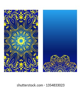 Cards Or Invitations Set With Mandala Design . The Front And Rear Side. Vector Illustration. Blue yellow color.