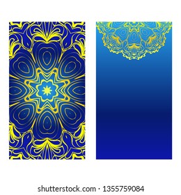 Cards Or Invitations Set With Mandala Design . The Front And Rear Side. Vector Illustration. Blue yellow color.