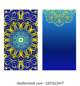 Cards Or Invitations Set With Mandala Design . The Front And Rear Side. Vector Illustration. Blue yellow color.