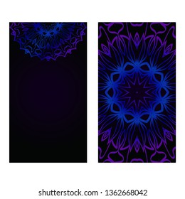 Cards Or Invitations Set With Mandala Design . The Front And Rear Side. Vector Illustration. Blue, black color.