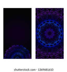 Cards Or Invitations Set With Mandala Design . The Front And Rear Side. Vector Illustration. Blue, black color.