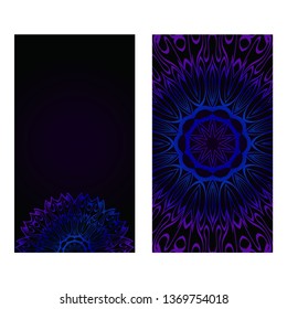 Cards Or Invitations Set With Mandala Design . The Front And Rear Side. Vector Illustration. Blue, black color.