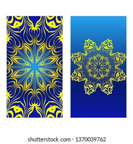 Cards Or Invitations Set With Mandala Design . The Front And Rear Side. Vector Illustration. Blue yellow color.
