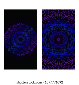 Cards Or Invitations Set With Mandala Design . The Front And Rear Side. Vector Illustration. Blue, black color.