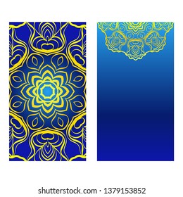 Cards Or Invitations Set With Mandala Design . The Front And Rear Side. Vector Illustration. Blue yellow color.