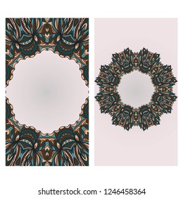 Cards or Invitations set with mandala frame ornament. Vector illustration. For wedding, bridal, Valentine's day, greeting card invitation.