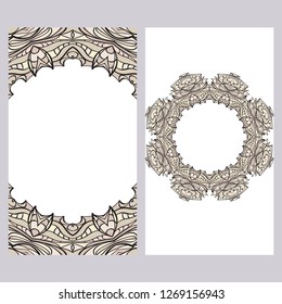 Cards or Invitations set with mandala frame ornament. Vector illustration. For wedding, bridal, Valentine's day, greeting card invitation.