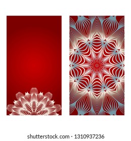 Cards Or Invitations Set With Mandala Ornament. Vector Illustration. For Wedding, Bridal, Valentine's Day, Greeting Card Invitation. Red silver color.