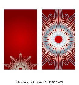 Cards Or Invitations Set With Mandala Ornament. Vector Illustration. For Wedding, Bridal, Valentine's Day, Greeting Card Invitation. Red silver color.