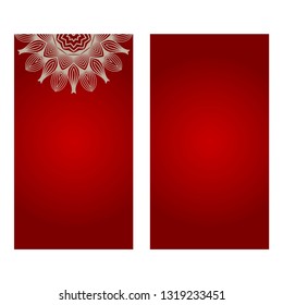 Cards Or Invitations Set With Mandala Ornament. Vector Illustration. For Wedding, Bridal, Valentine's Day, Greeting Card Invitation. Red silver color.