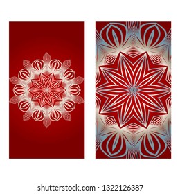 Cards Or Invitations Set With Mandala Ornament. Vector Illustration. For Wedding, Bridal, Valentine's Day, Greeting Card Invitation. Red silver color.