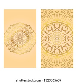 Cards Or Invitations Set With Mandala Ornament. Vector Illustration. For Wedding, Bridal, Valentine's Day, Greeting Card Invitation. Gold color.