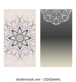 Cards Or Invitations Set With Mandala Ornament. Vector Illustration. For Wedding, Bridal, Valentine's Day, Greeting Card Invitation. Grey color.