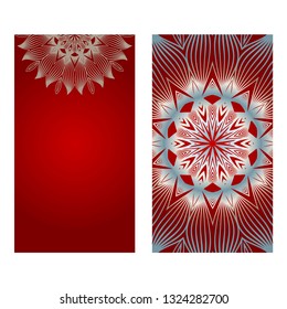 Cards Or Invitations Set With Mandala Ornament. Vector Illustration. For Wedding, Bridal, Valentine's Day, Greeting Card Invitation. Red silver color.