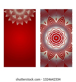 Cards Or Invitations Set With Mandala Ornament. Vector Illustration. For Wedding, Bridal, Valentine's Day, Greeting Card Invitation. Red silver color.