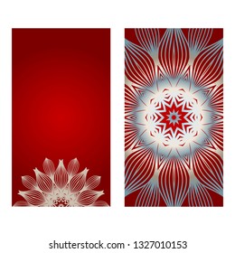Cards Or Invitations Set With Mandala Ornament. Vector Illustration. For Wedding, Bridal, Valentine's Day, Greeting Card Invitation. Red silver color.