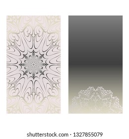 Cards Or Invitations Set With Mandala Ornament. Vector Illustration. For Wedding, Bridal, Valentine's Day, Greeting Card Invitation. Grey color.