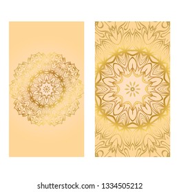 Cards Or Invitations Set With Mandala Ornament. Vector Illustration. For Wedding, Bridal, Valentine's Day, Greeting Card Invitation. Gold color.