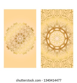 Cards Or Invitations Set With Mandala Ornament. Vector Illustration. For Wedding, Bridal, Valentine's Day, Greeting Card Invitation. Gold color.