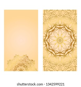 Cards Or Invitations Set With Mandala Ornament. Vector Illustration. For Wedding, Bridal, Valentine's Day, Greeting Card Invitation. Gold color.