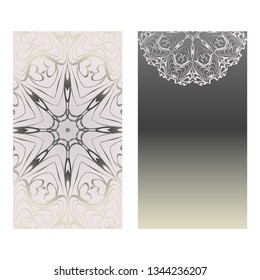 Cards Or Invitations Set With Mandala Ornament. Vector Illustration. For Wedding, Bridal, Valentine's Day, Greeting Card Invitation. Grey color.