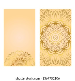 Cards Or Invitations Set With Mandala Ornament. Vector Illustration. For Wedding, Bridal, Valentine's Day, Greeting Card Invitation. Gold color.