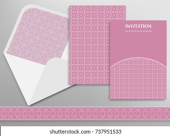 Cards or Invitations set with ornate envelope and seamless border. Vector geometric lace postcard template. Decorative abstract line backgrounds collection with place for the text