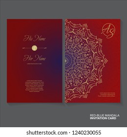 Cards or Invitations set with red blue mandala ornament. Vector illustration. For wedding, bridal, Valentine's day, greeting card invitation
