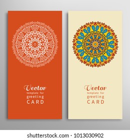 Cards or Invitations set with tribal ethnic mandala ornament, doodle floral geometric pattern for wedding, bridal, Valentine's day, greeting card or birthday invitation. Decorative colorful background