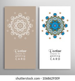 Cards or Invitations set with tribal ethnic mandala ornament, doodle floral geometric pattern for wedding, bridal, Valentine's day, greeting card or birthday invitation. Decorative colorful background