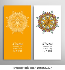 Cards or Invitations set with tribal ethnic mandala ornament, doodle floral geometric pattern for wedding, bridal, Valentine's day, greeting card or birthday invitation. Decorative colorful background