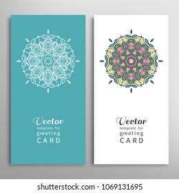 Cards or Invitations set with tribal ethnic mandala ornament, doodle floral geometric pattern for wedding, bridal, Valentine's day, greeting card or birthday invitation. Decorative colorful background