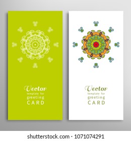 Cards or Invitations set with tribal ethnic mandala ornament, doodle floral geometric pattern for wedding, bridal, Valentine's day, greeting card or birthday invitation. Decorative colorful background