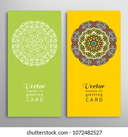Cards or Invitations set with tribal ethnic mandala ornament, doodle floral geometric pattern for wedding, bridal, Valentine's day, greeting card or birthday invitation. Decorative colorful background