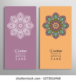 Cards or Invitations set with tribal ethnic mandala ornament, doodle floral geometric pattern for wedding, bridal, Valentine's day, greeting card or birthday invitation. Decorative colorful background