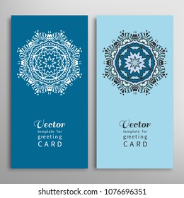 Cards or Invitations set with tribal ethnic mandala ornament, doodle floral geometric pattern for wedding, bridal, Valentine's day, greeting card or birthday invitation. Decorative colorful background