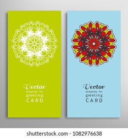 Cards or Invitations set with tribal ethnic mandala ornament, doodle floral geometric pattern for wedding, bridal, Valentine's day, greeting card or birthday invitation. Decorative colorful background
