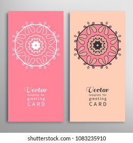 Cards or Invitations set with tribal ethnic mandala ornament, doodle floral geometric pattern for wedding, bridal, Valentine's day, greeting card or birthday invitation. Decorative colorful background