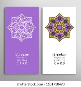 Cards or Invitations set with tribal ethnic mandala ornament, doodle floral geometric pattern for wedding, bridal, Valentine's day, greeting card or birthday invitation. Decorative colorful background