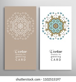 Cards or Invitations set with tribal ethnic mandala ornament, doodle floral geometric pattern for wedding, bridal, Valentine's day, greeting card or birthday invitation. Decorative colorful background