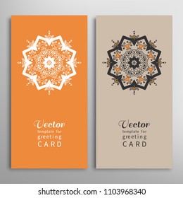 Cards or Invitations set with tribal ethnic mandala ornament, doodle floral geometric pattern for wedding, bridal, Valentine's day, greeting card or birthday invitation. Decorative colorful background