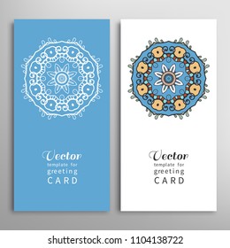 Cards or Invitations set with tribal ethnic mandala ornament, doodle floral geometric pattern for wedding, bridal, Valentine's day, greeting card or birthday invitation. Decorative colorful background